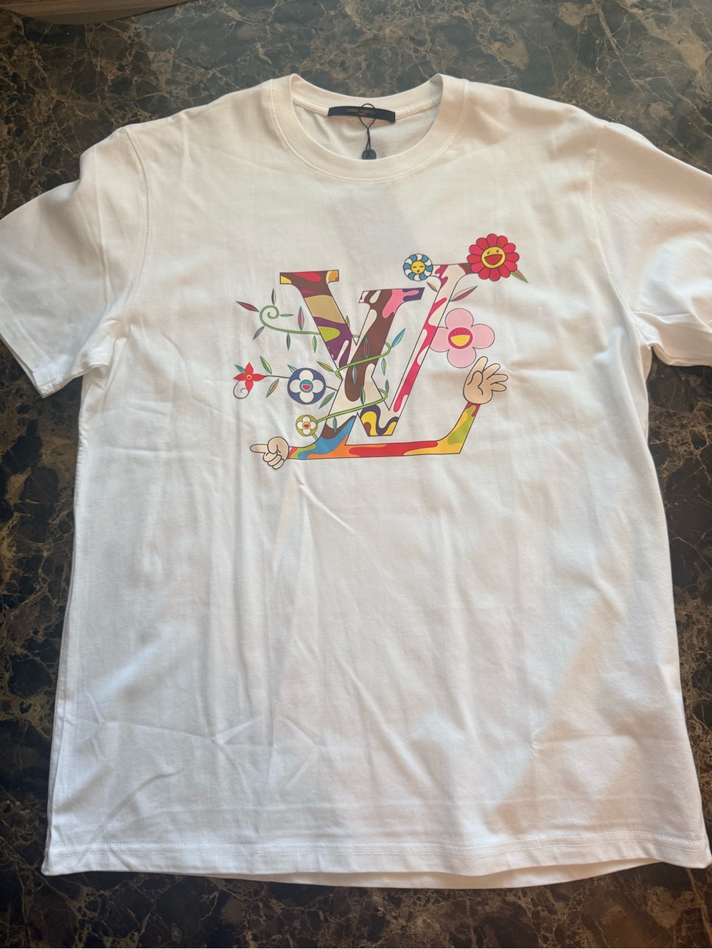 Louis Vuitton White Tee with Multicolor Floral LV Emblem